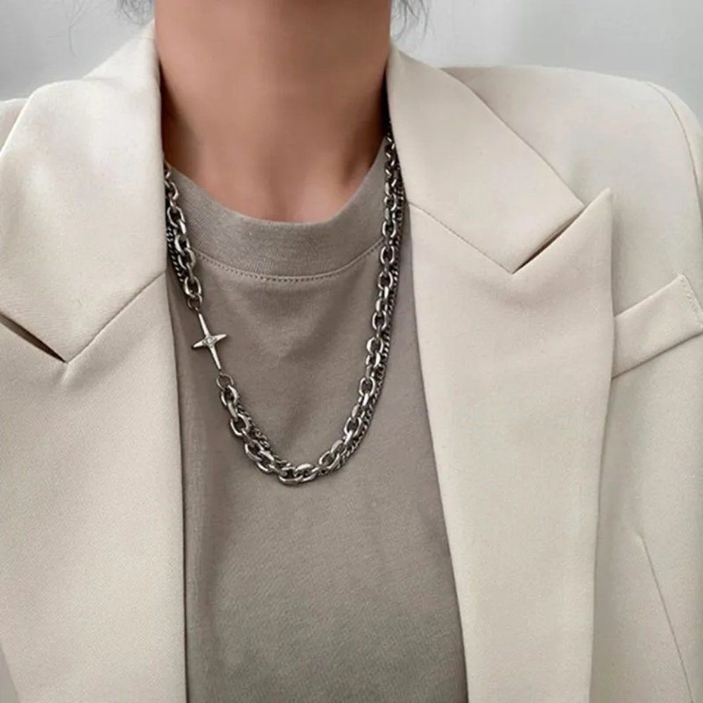 Brand New Cross CHUNKY THICK CHAIN CHOKER SPLICING DOUBLE LAYER NECKLACE - Picture 5 of 6